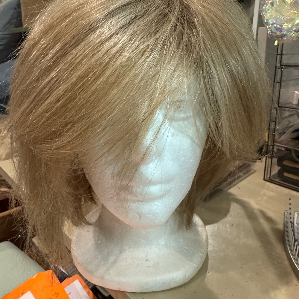 Blonde highlighted chin length wig with bangs. Good condition.